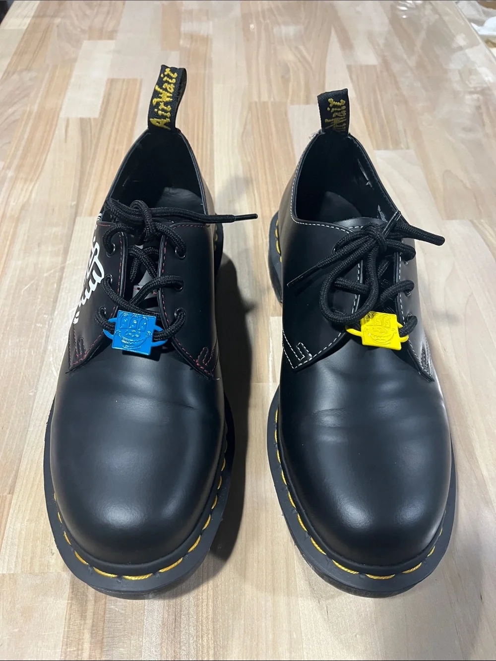 Dr. Martens Black Leather Derby Shoes with Pink & White Graphic mens 9